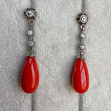 Art Deco Coral & Diamond Drop Earrings sold by Doyle and Doyle an antique and vintage jewelry boutique