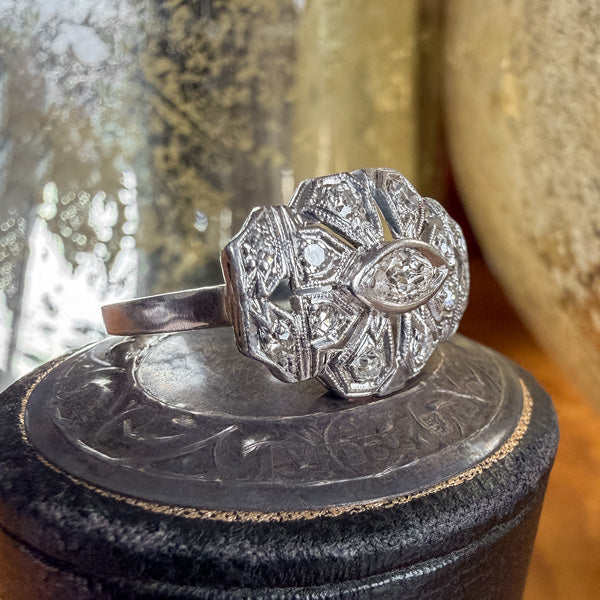 Art Deco Diamond Dinner Ring, MQ 0.20ct. sold by Doyle and Doyle an antique and vintage jewelry boutique