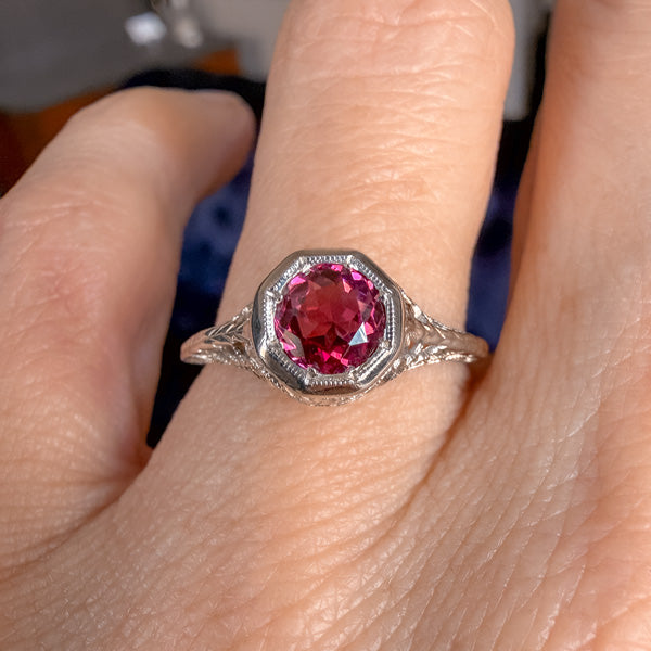 Vintage Filigree Garnet Ring sold by Doyle and Doyle an antique and vintage jewelry boutique