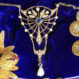 Art Nouveau Sapphire & Pearl Necklace in yellow gold, sold by Doyle & Doyle antique and vintage jewelry boutique