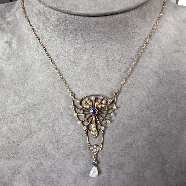 Art Nouveau Sapphire & Pearl Necklace in yellow gold, sold by Doyle & Doyle antique and vintage jewelry boutique