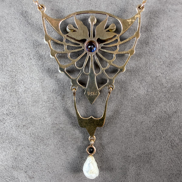 Art Nouveau Sapphire & Pearl Necklace in yellow gold, sold by Doyle & Doyle antique and vintage jewelry boutique