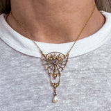 Art Nouveau Sapphire & Pearl Necklace in yellow gold, sold by Doyle & Doyle antique and vintage jewelry boutique