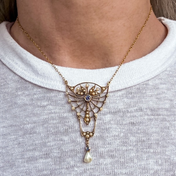 Art Nouveau Sapphire & Pearl Necklace in yellow gold, sold by Doyle & Doyle antique and vintage jewelry boutique
