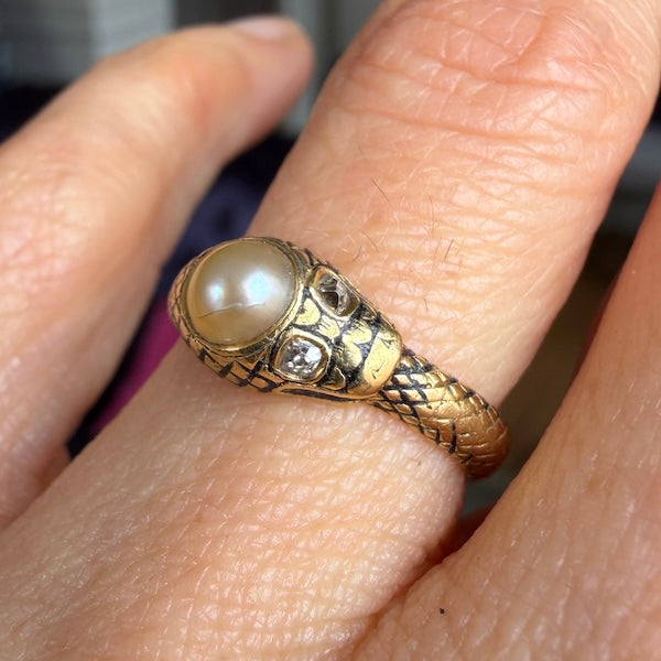 Victorian Pearl & Diamond Snake Ring with black enamel, from Doyle & Doyle antique and vintage jewelry boutique
