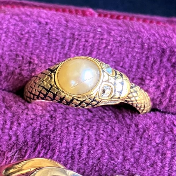 Victorian Pearl & Diamond Snake Ring with black enamel, from Doyle & Doyle antique and vintage jewelry boutique