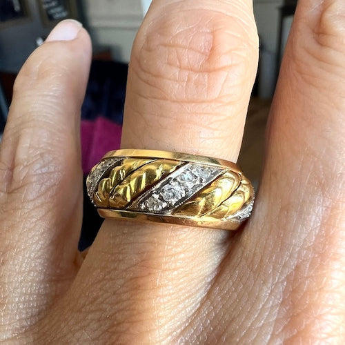 Vintage Gold Patterned Band Ring with Diagonal Diamond Stripes, from  Doyle & Doyle jewelry.