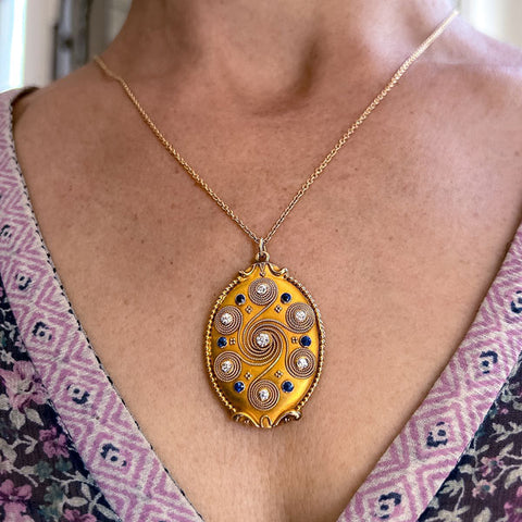 Arts & Crafts Sapphire & Diamond Wirework & Granulated Pendant sold by Doyle and Doyle an antique and vintage jewelry boutique