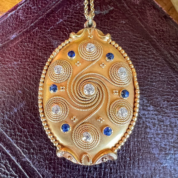 Arts & Crafts Sapphire & Diamond Wirework & Granulated Pendant sold by Doyle and Doyle an antique and vintage jewelry boutique