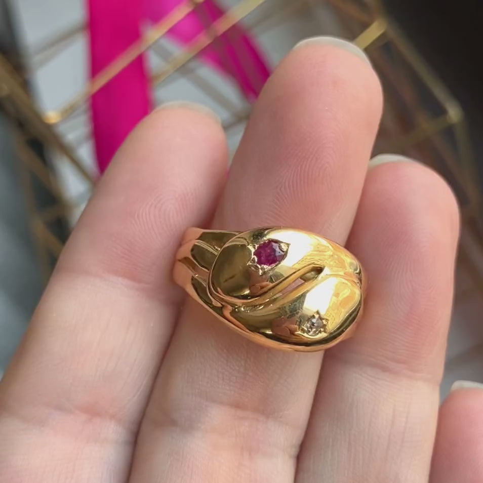 Vintage Gold Ruby & Diamond Snake Ring, sold by Doyle & Doyle antique and vintage jewelry boutique.