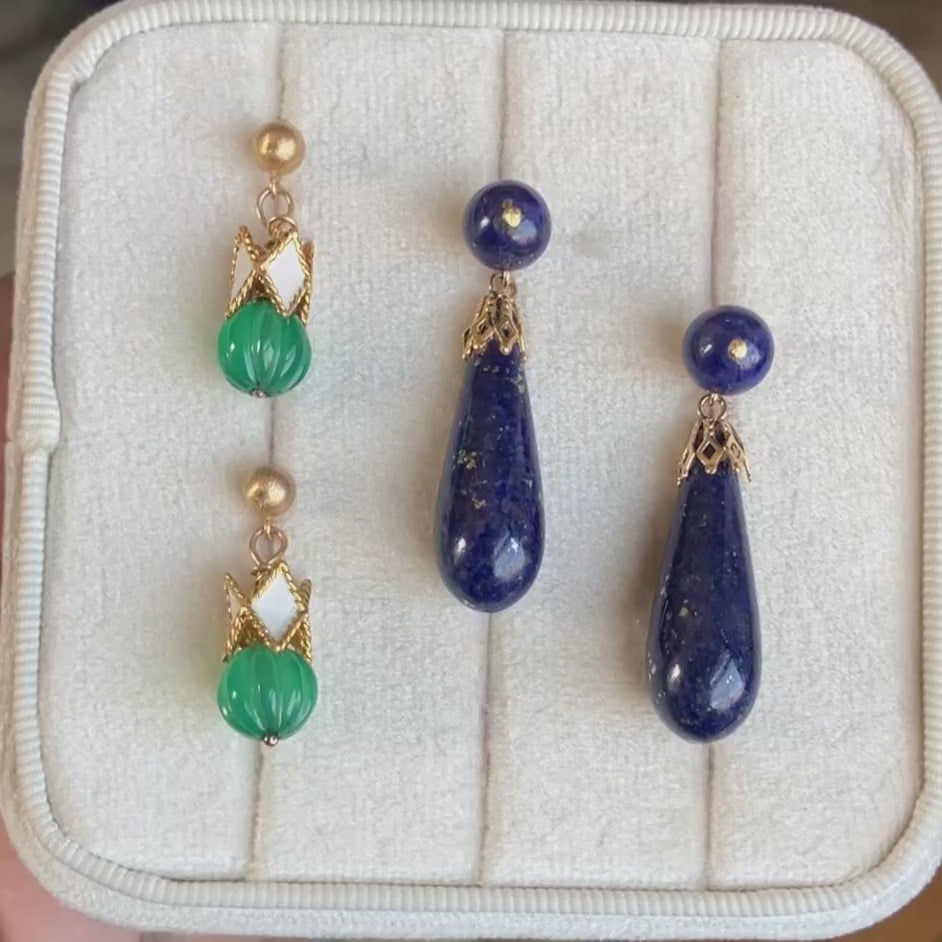 Vintage gemstone drop earrings in green chalcedony and blue lapis, from Doyle & Doyle antique and vintage jewelry