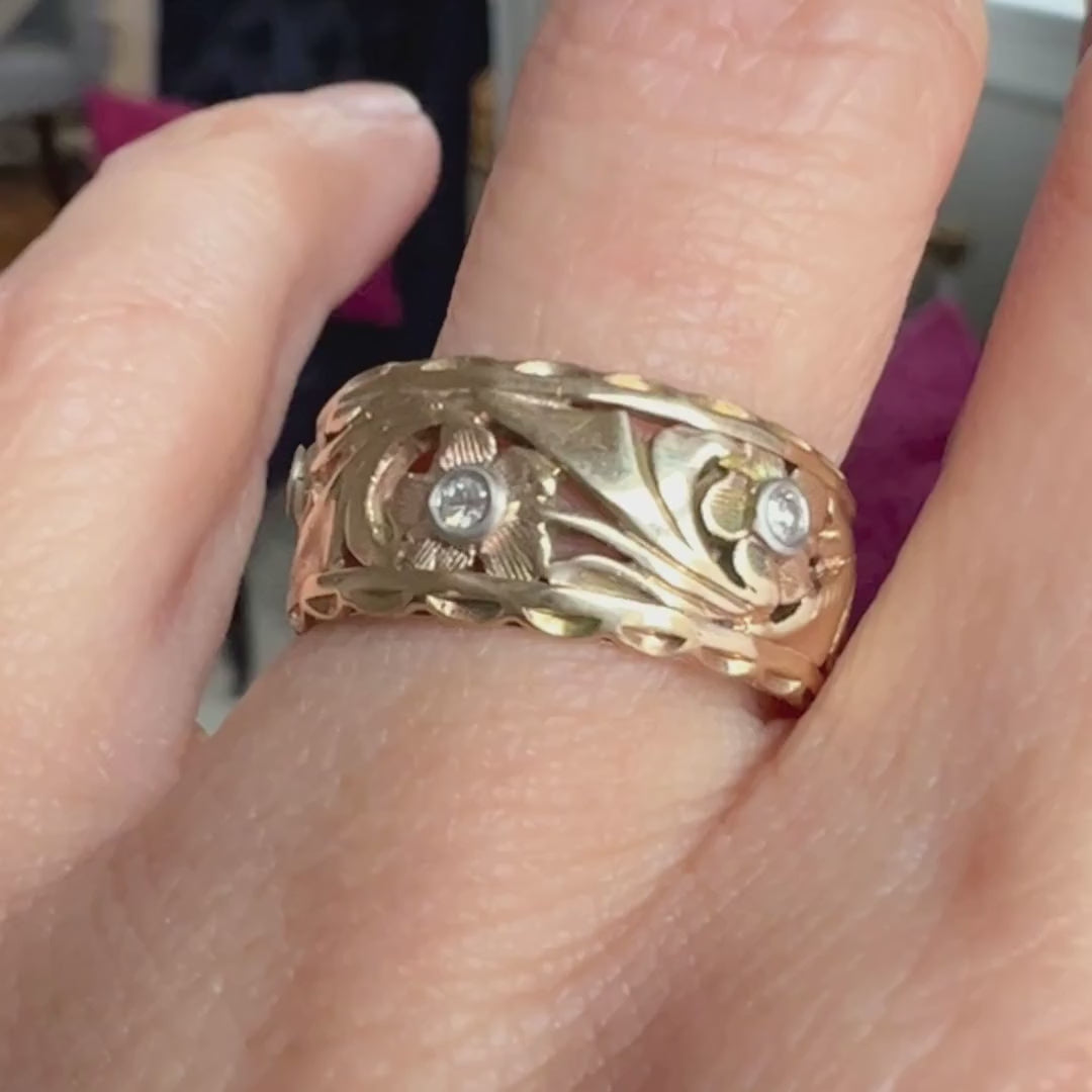 Vintage Patterned Diamond Wedding Band sold by Doyle and Doyle an antique and vintage jewelry boutique