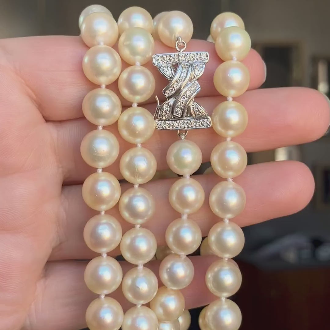 Vintage Pearl Necklace with diamond clasp, sold by Doyle & Doyle antique and vintage jewelry boutique