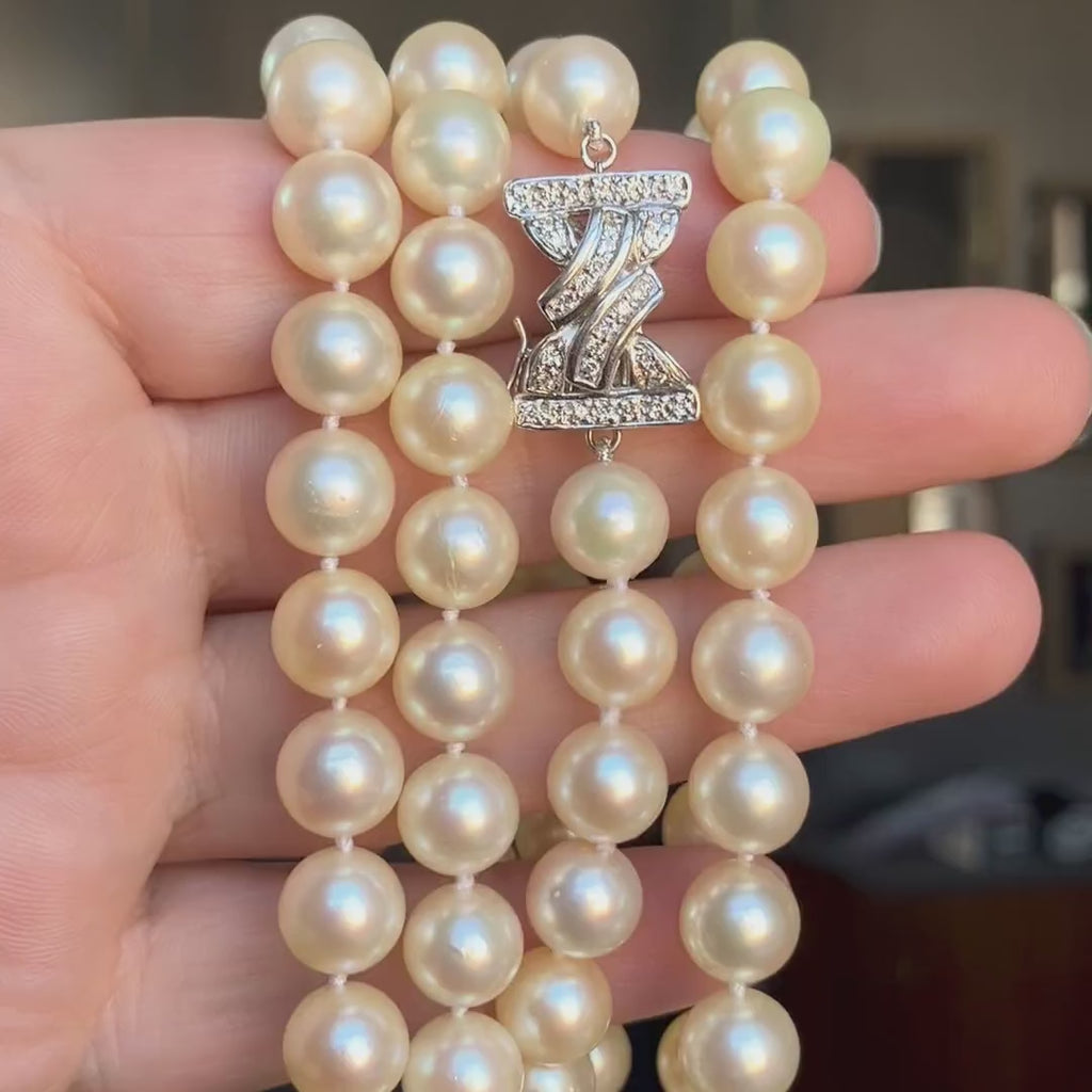 Vintage Pearl Necklace with diamond clasp, sold by Doyle & Doyle antique and vintage jewelry boutique