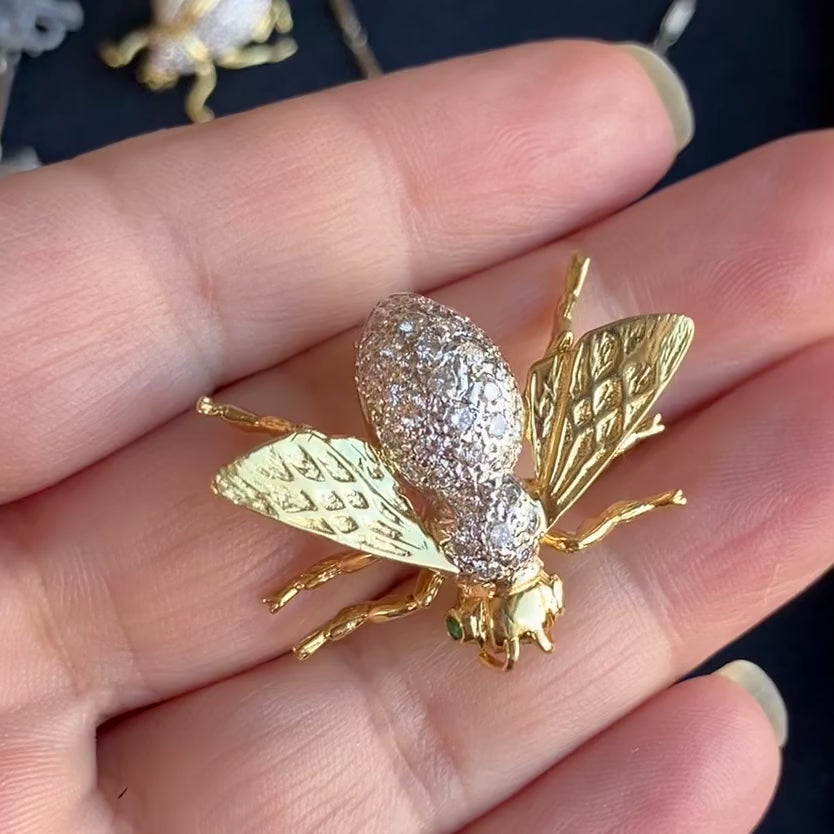 Vintage Diamond & Emerald Eye Bee Pin, from Doyle & Doyle antique and vintage jewelry boutique