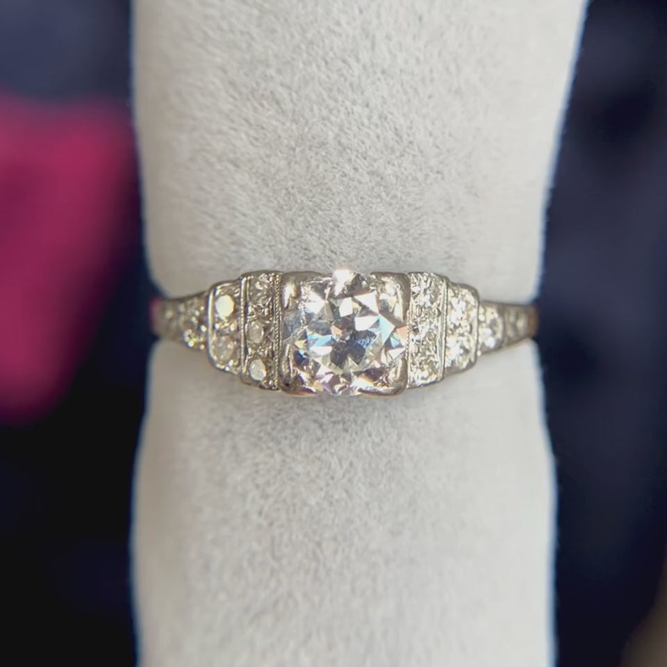 Art Deco Diamond Engagement Ring, Transition Round Brilliant cut diamond 0.50ct. sold by Doyle & Doyle an antique and vintage jewelry boutique