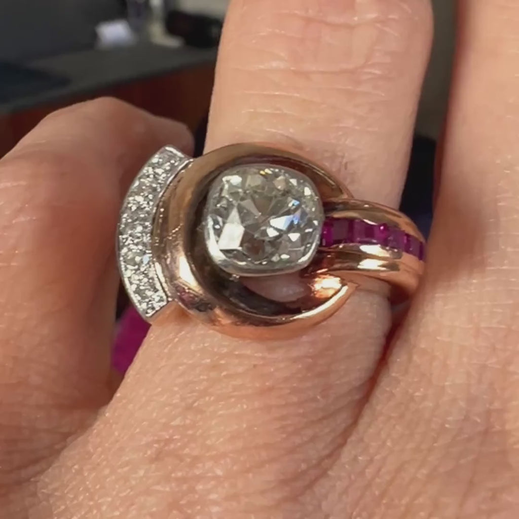 1940s Retro Diamond and Ruby Ring, Old Mine cut diamond 1.50ct., sold by Doyle & Doyle an antique and vintage jewelry boutique