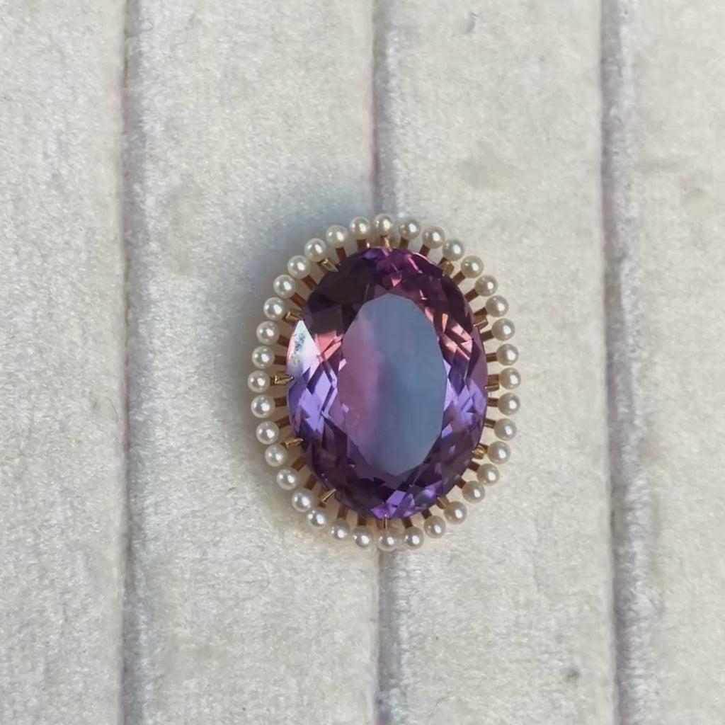 Victorian Amethyst & Pearl Pin signed Krementz, sold by Doyle & Doyle antique and vintage jewelry boutique