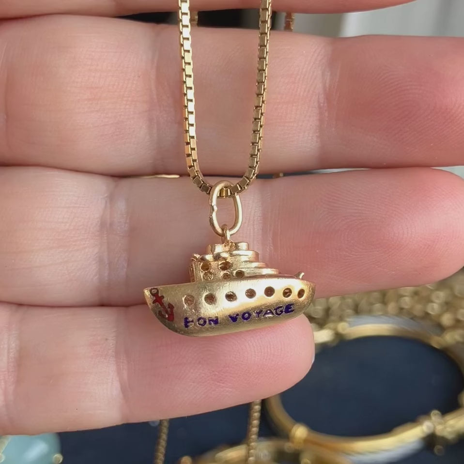 Vintage Gold Ship Charm with Bon Voyage enamel, from Doyle & Doyle vintage and antique jewelry boutique