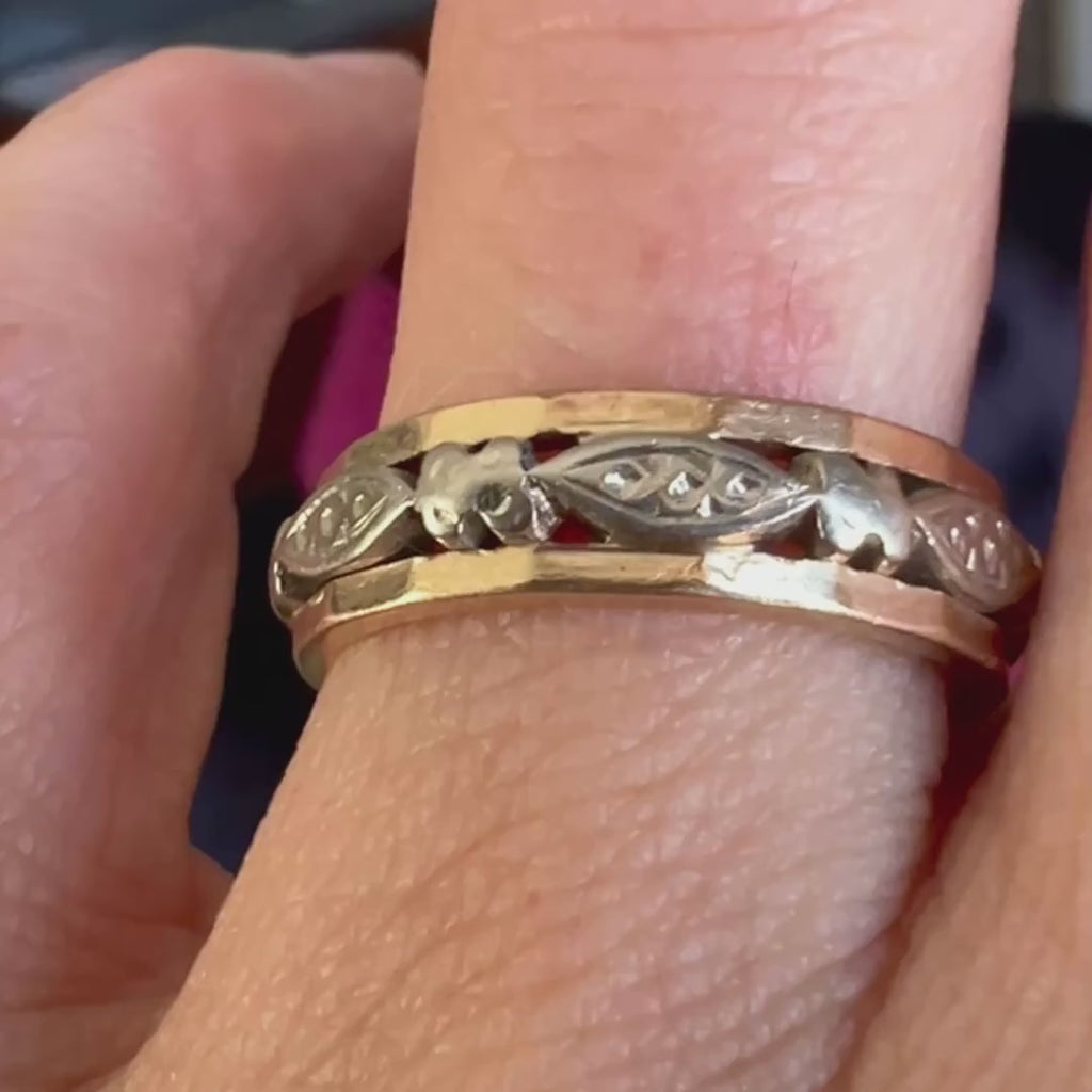 Vintage Wide Patterned Wedding Band Ring, Size 7 sold by Doyle and Doyle an antique and vintage jewelry boutique