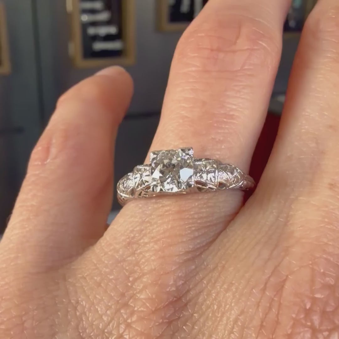 Vintage Engraved Engagement Ring, Old Euro 0.70ct sold by Doyle and Doyle an antique and vintage jewelry boutique