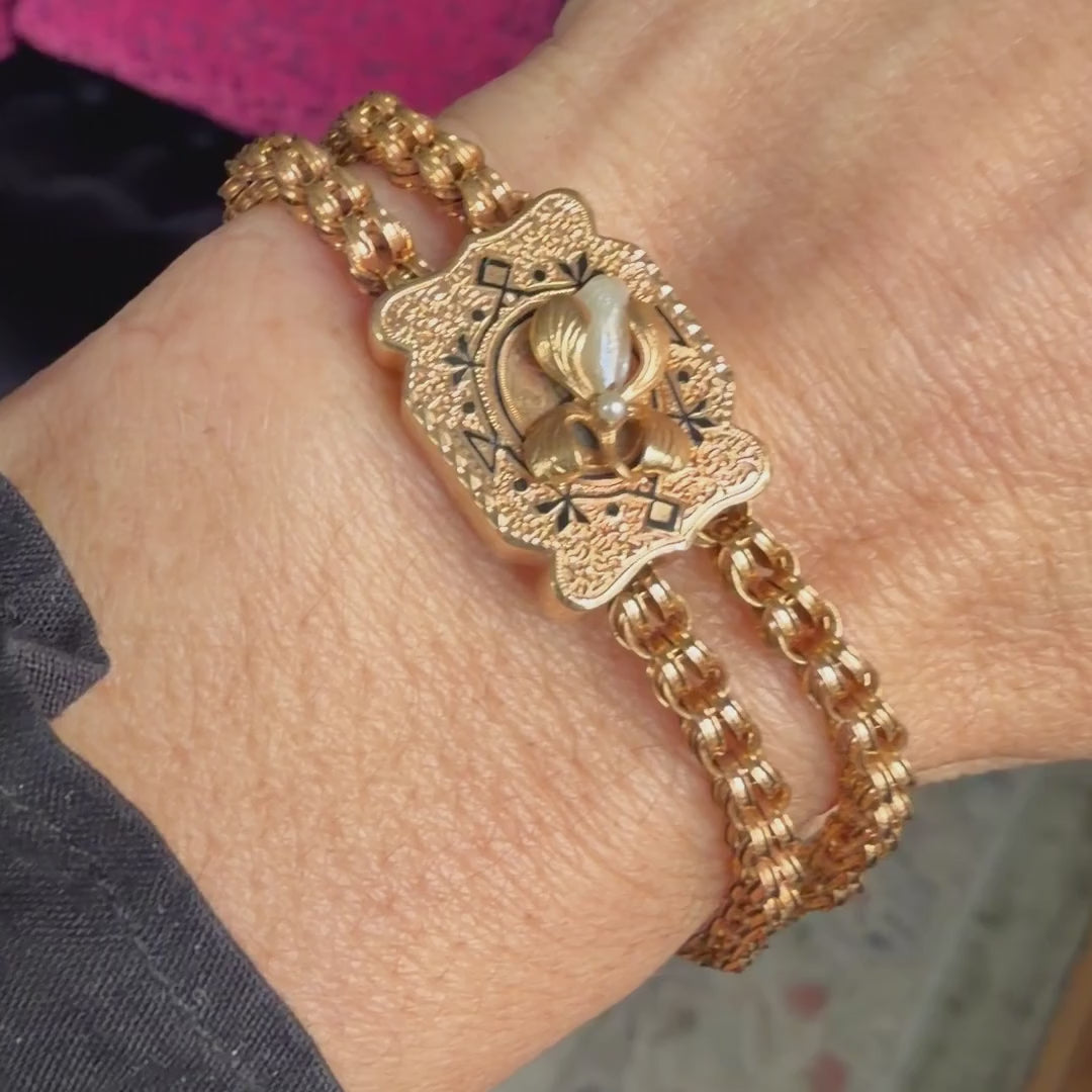 Victorian Pearl Flower Slide Bracelet sold by Doyle and Doyle an antique and vintage jewelry boutique