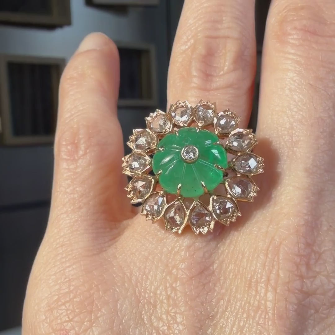 Vintage Carved Emerald & Diamond Ring sold by Doyle and Doyle an antique and vintage jewelry boutique