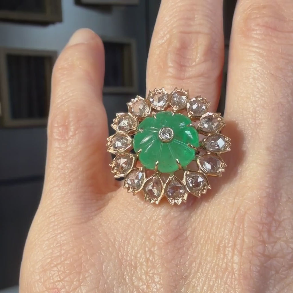 Vintage Carved Emerald & Diamond Ring sold by Doyle and Doyle an antique and vintage jewelry boutique
