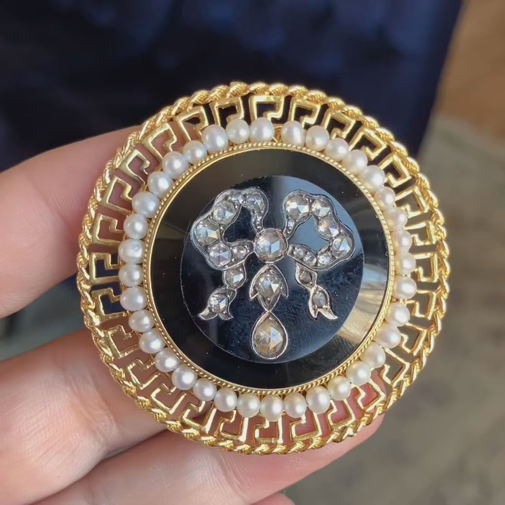 Vintage Onyx, Rose Cut Diamond, & Pearl Pin, sold by Doyle & Doyle antique and vintage jewelry boutique