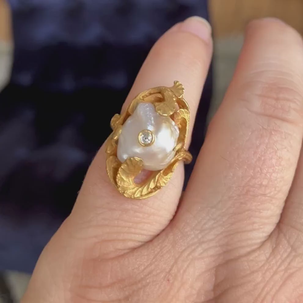 Art Nouveau Baroque Pearl & Diamond Ring in gold, sold by Doyle & Doyle antique and vintage jewelry boutique.