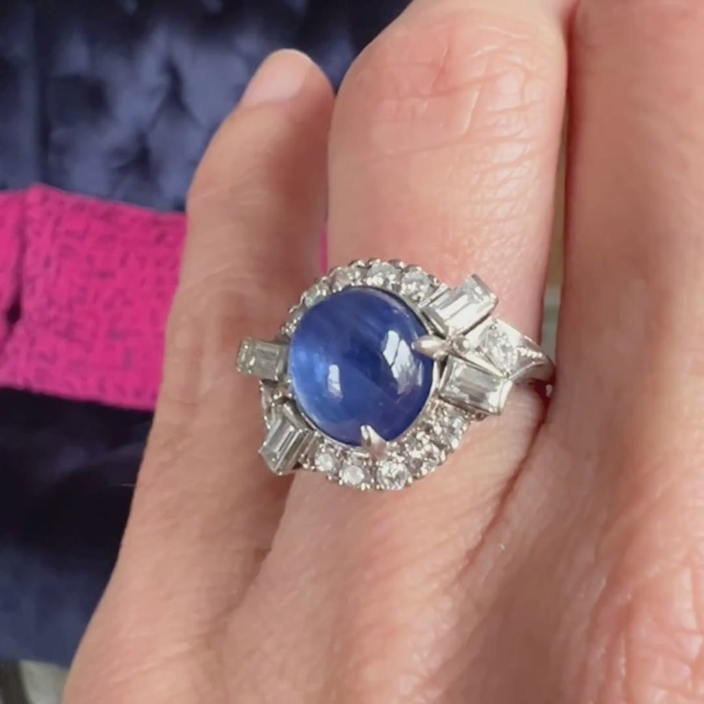 Vintage Cab Sapphire & Diamond Ring sold by Doyle and Doyle an antique and vintage jewelry boutique