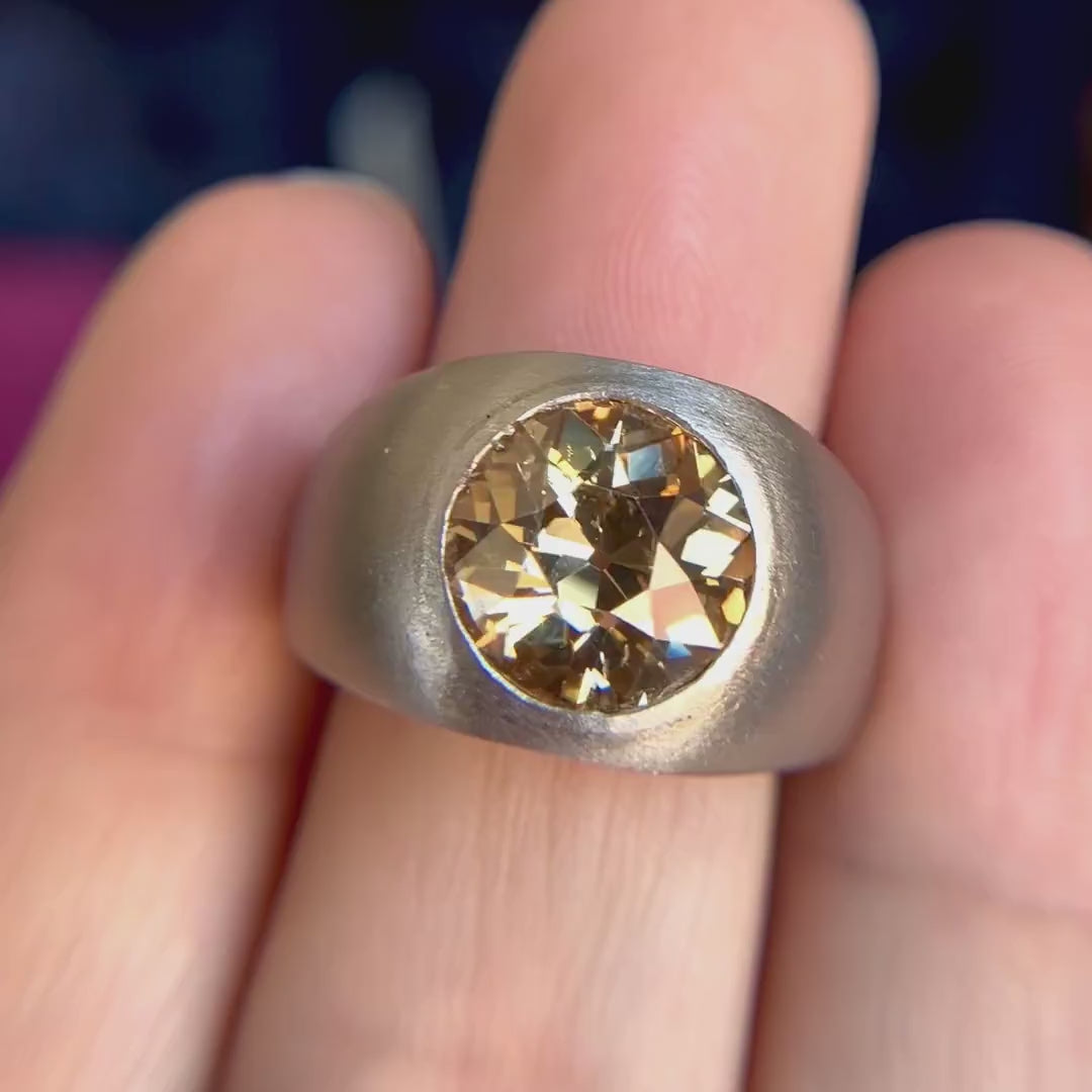 Gypsy Set Fancy Brown Diamond Ring in Platinum, set with a 3.44 carat Old European Cut diamond, sold by Doyle & Doyle antique and vintage jewelry boutique