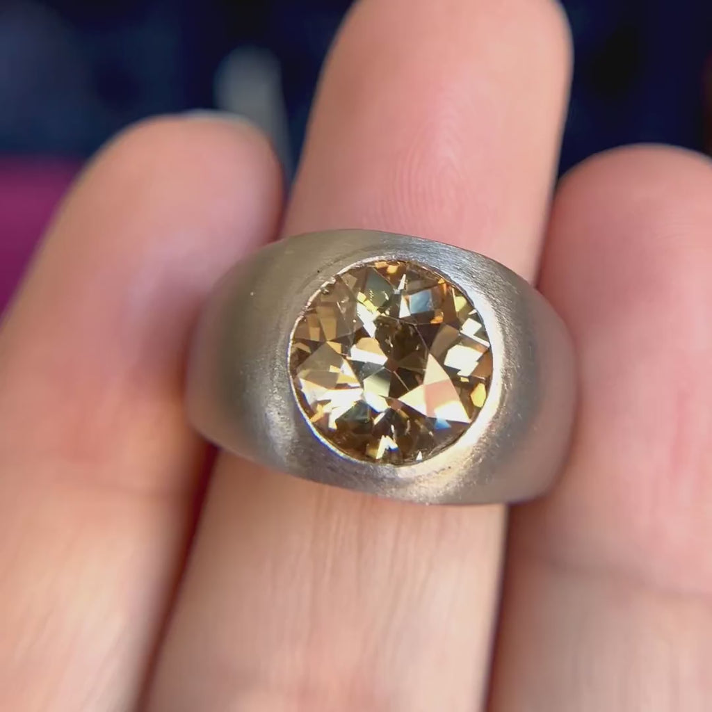 Gypsy Set Fancy Brown Diamond Ring in Platinum, set with a 3.44 carat Old European Cut diamond, sold by Doyle & Doyle antique and vintage jewelry boutique