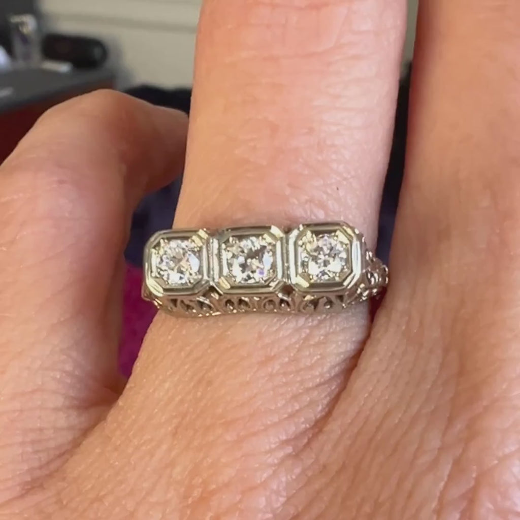 Art Deco Diamond Filigree Three Stone Engagement Ring, from Doyle & Doyle antique and vintage jewelry boutique