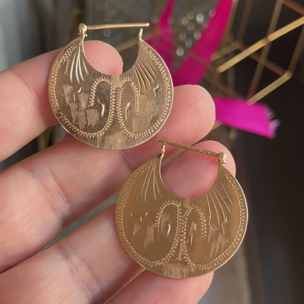 Gold Engraved Disk Hoop Earrings, sold by Doyle & Doyle antique and vintage jewelry boutique