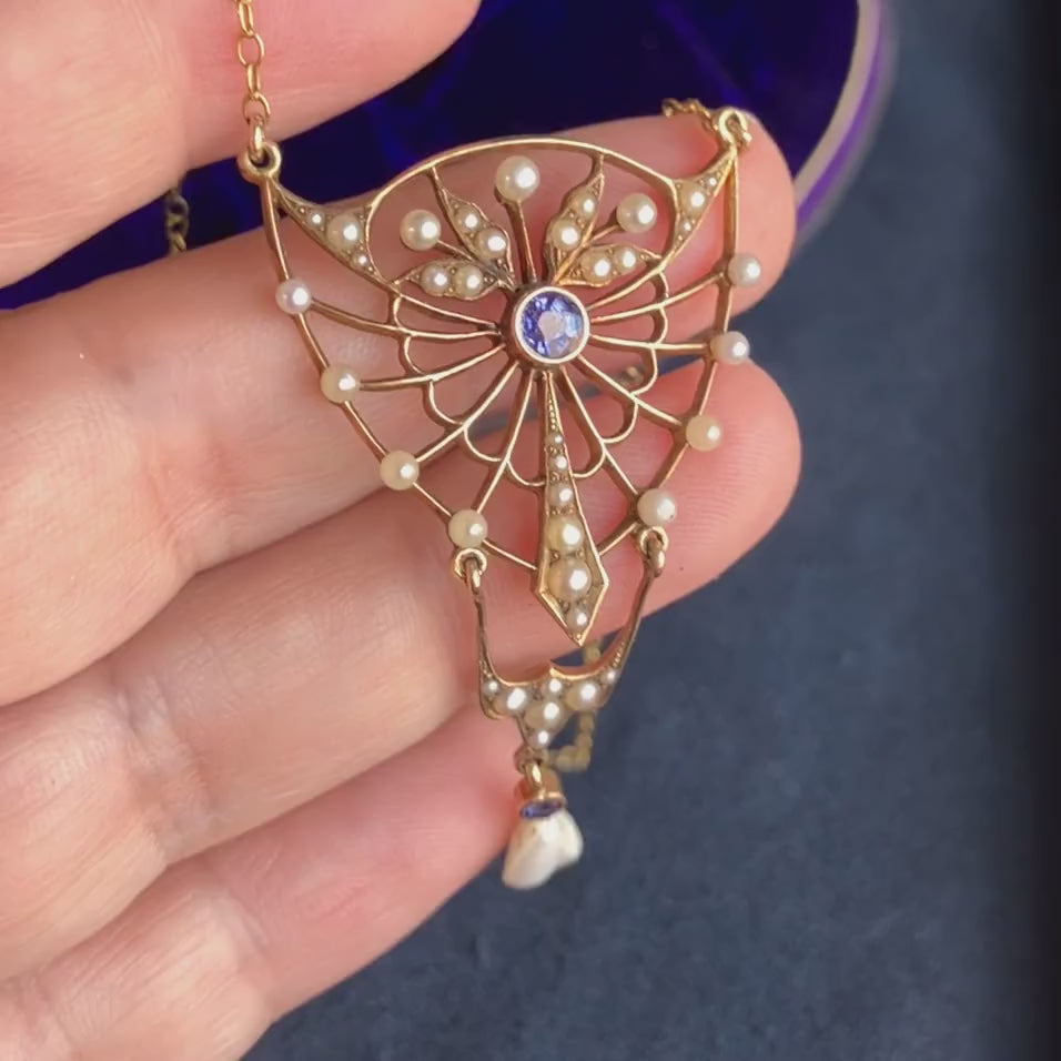 Art Nouveau Sapphire & Pearl Necklace in yellow gold, sold by Doyle & Doyle antique and vintage jewelry boutique