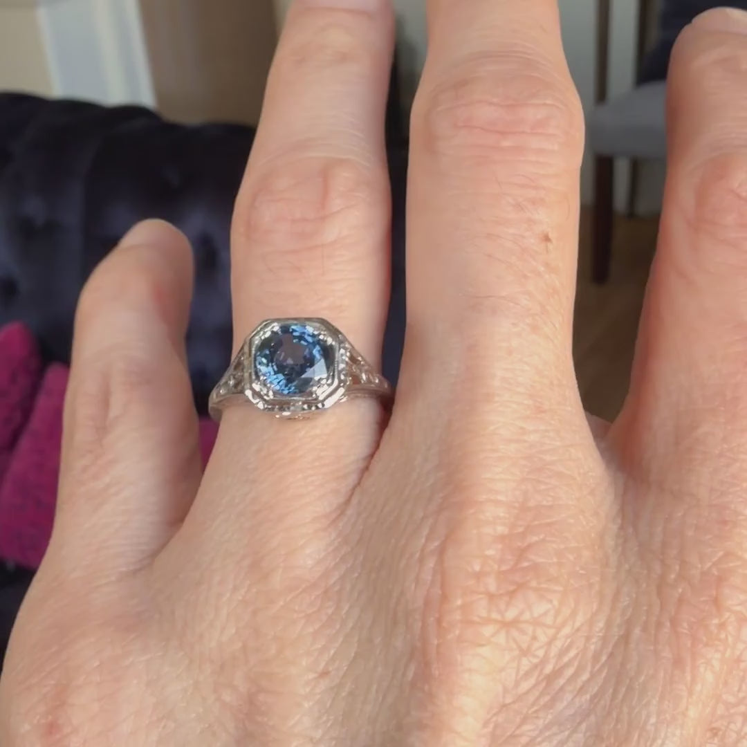 Vintage Filigree Sapphire Ring, 1.79ct. sold by Doyle and Doyle an antique and vintage jewelry boutique