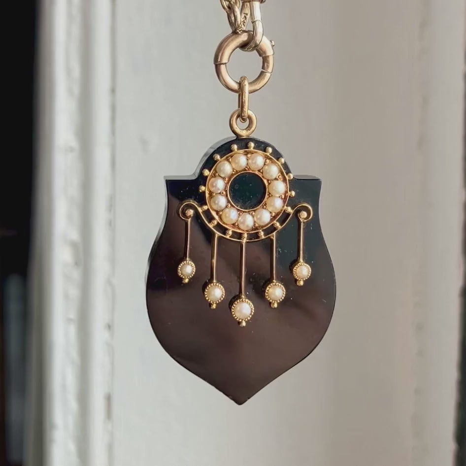 Victorian Carved Onyx & Pearl Pendant with Locket Back, from Doyle & Doyle antique and vintage jewelry boutique