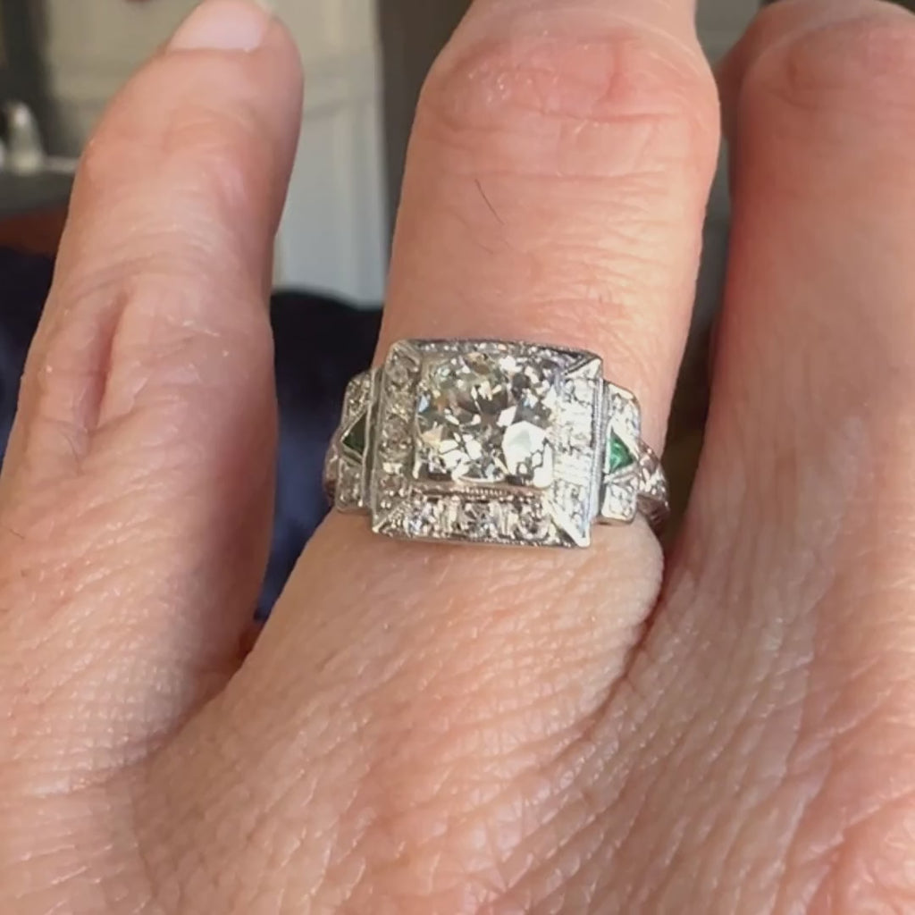 Art Deco Diamond Engagement Ring with emerald accents, sold by Doyle & Doyle antique and vintage jewelry boutique