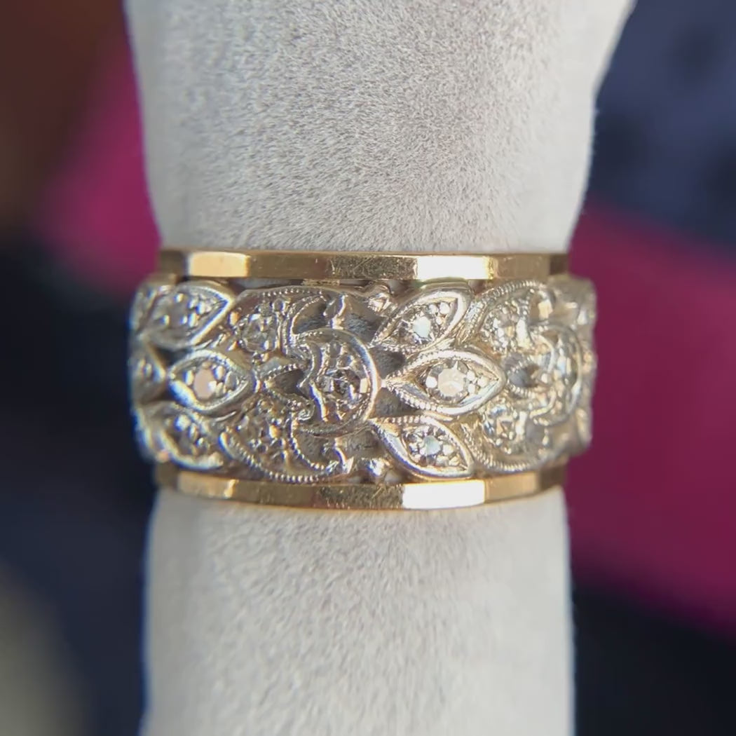 Vintage Wide Diamond Patterned Band Ring, sold by Doyle & Doyle antique and vintage jewelry boutique