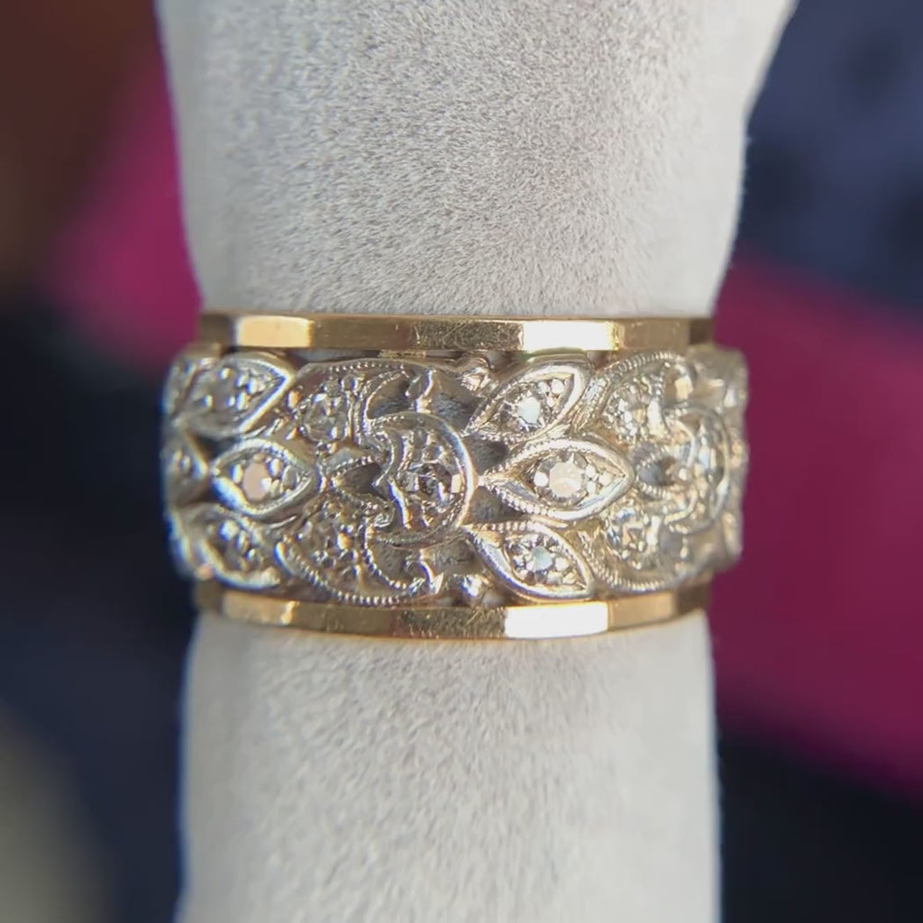 Vintage Wide Diamond Patterned Band Ring, sold by Doyle & Doyle antique and vintage jewelry boutique
