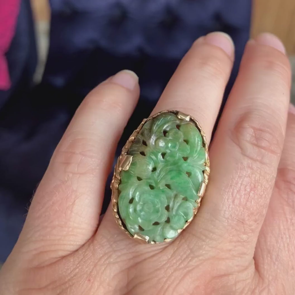Art Deco Carved Jade Ring in gold, from Doyle & Doyle vintage and antique jewelry boutique