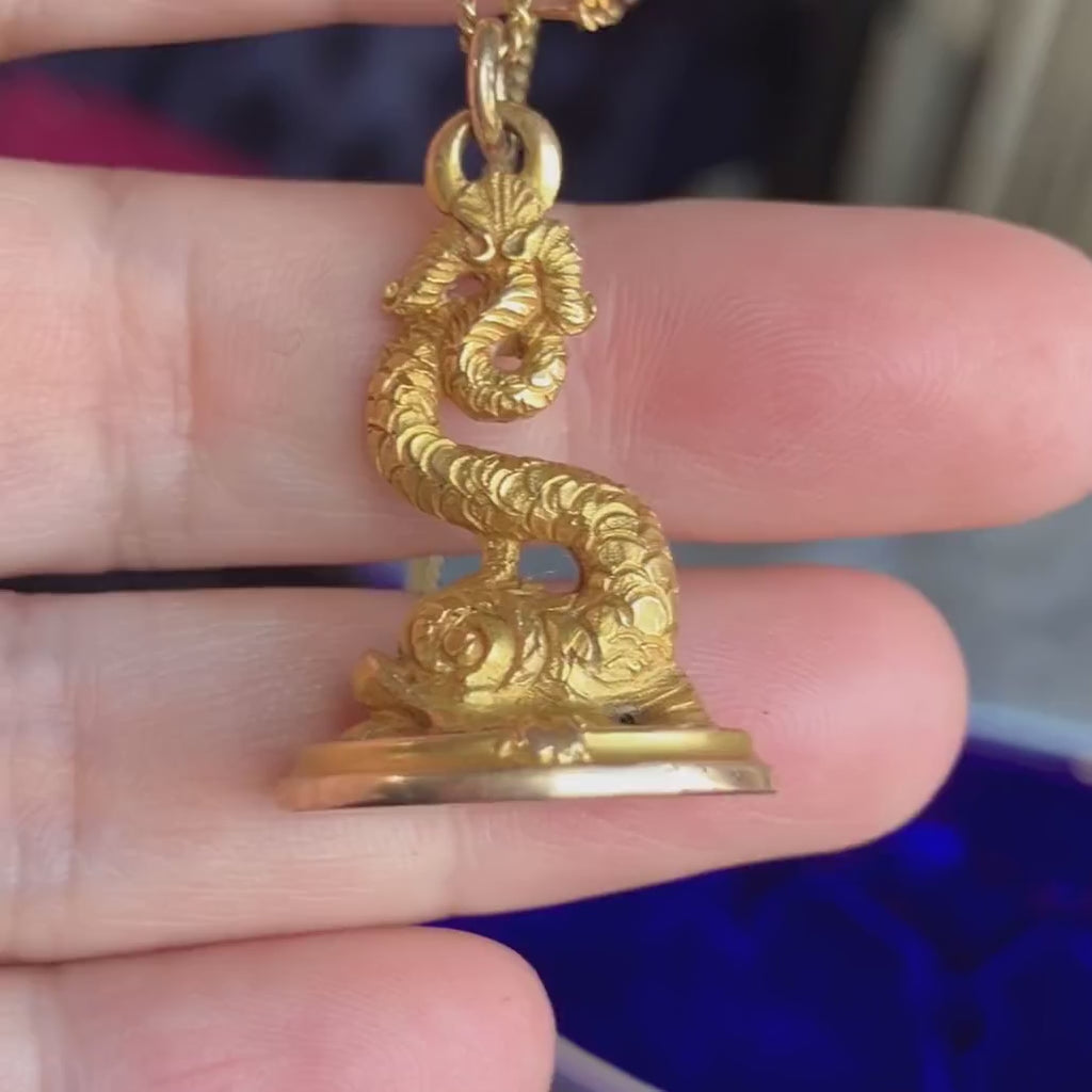 Victorian Gold Dolphin Watch Fob Seal, sold by Doyle & Doyle antique and vintage jewelry boutique