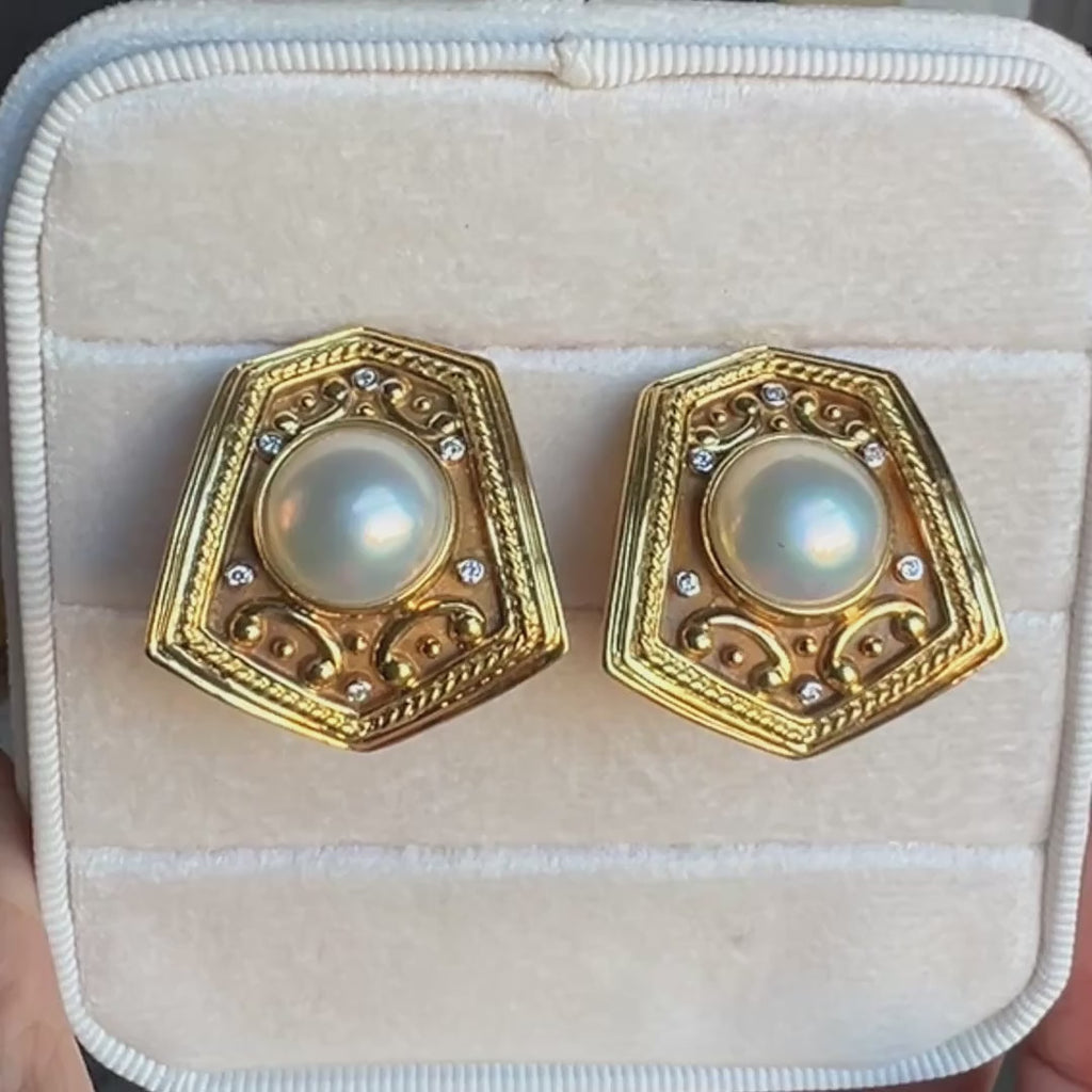 Vintage Mabe Pearl & Diamond Earrings sold by Doyle and Doyle an antique and vintage jewelry boutique