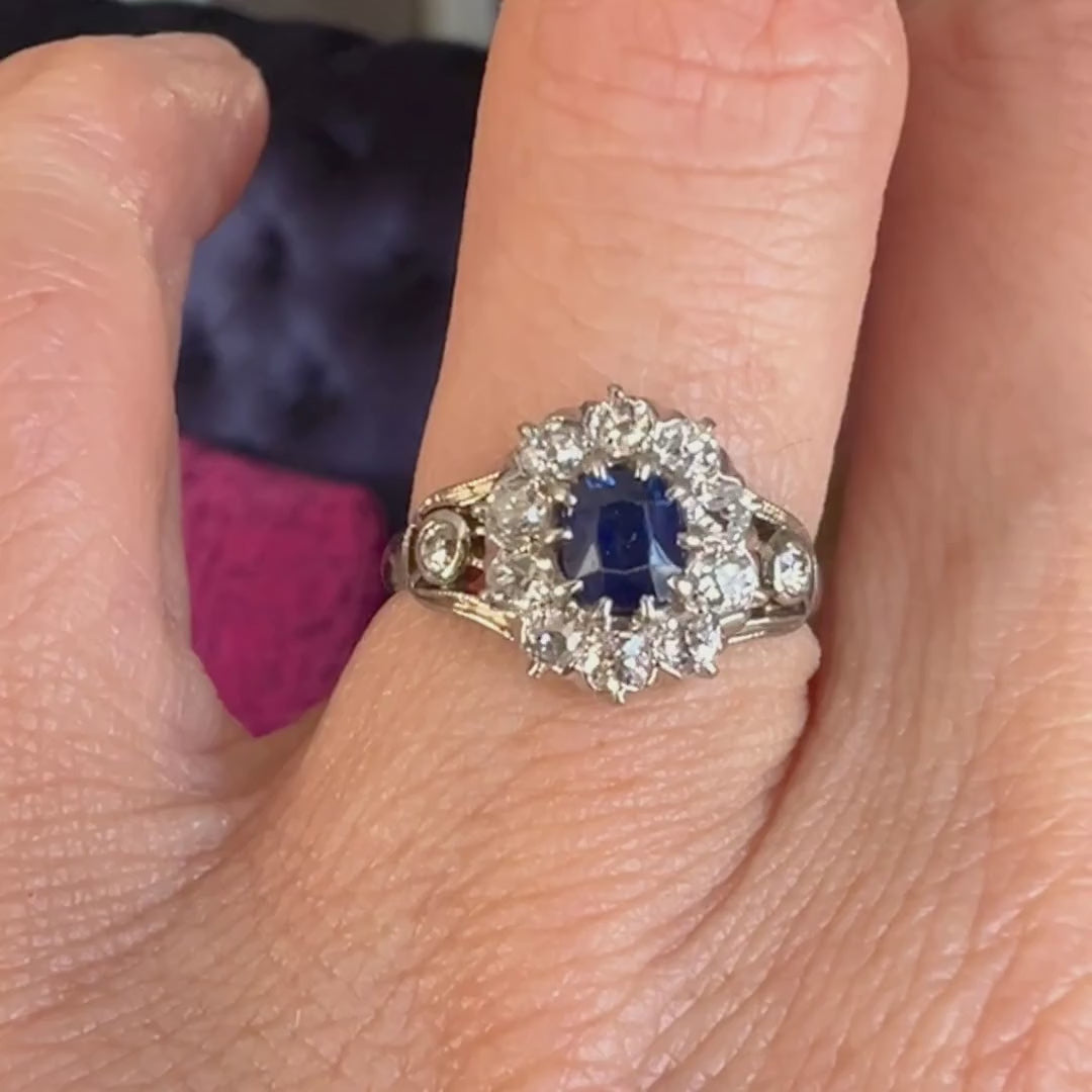 Vintage Sapphire & Diamond Cluster Ring sold by Doyle and Doyle an antique and vintage jewelry boutique