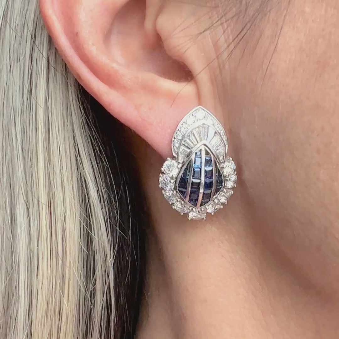 Estate Sapphire & Diamond Clip & Post Earrings sold by Doyle and Doyle an antique and vintage jewelry boutique