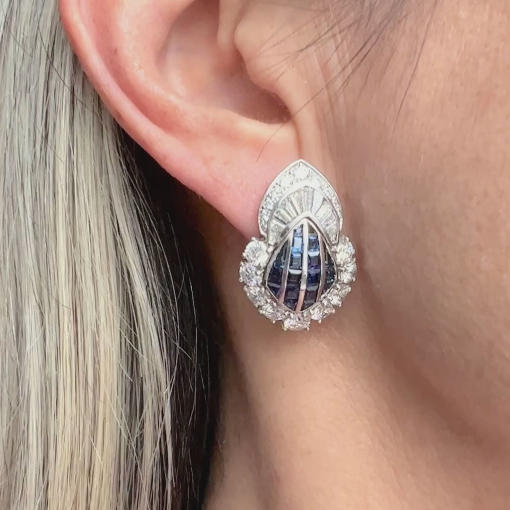Estate Sapphire & Diamond Clip & Post Earrings sold by Doyle and Doyle an antique and vintage jewelry boutique
