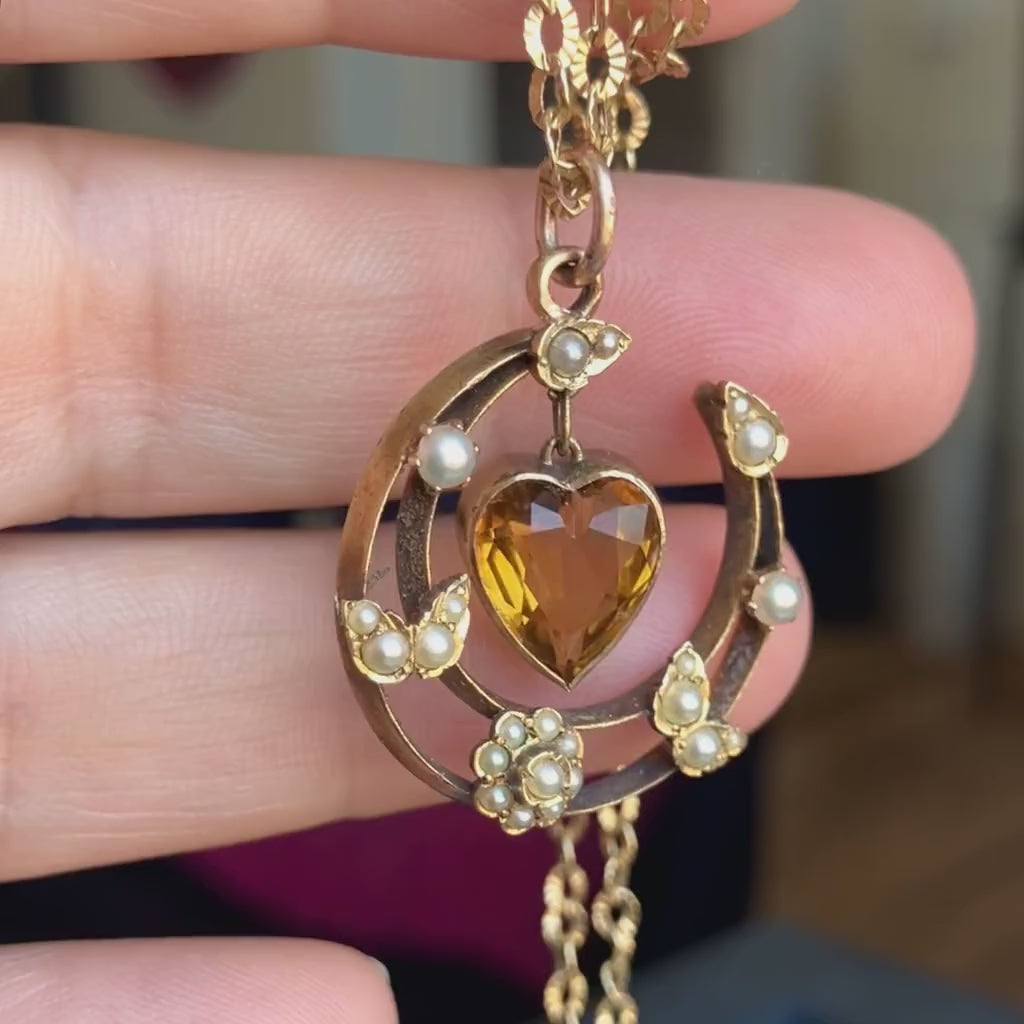 Antique Victorian Citrine Heart Crescent Pendant, sold by Doyle & Doyle an antique and vintage jewelry boutique