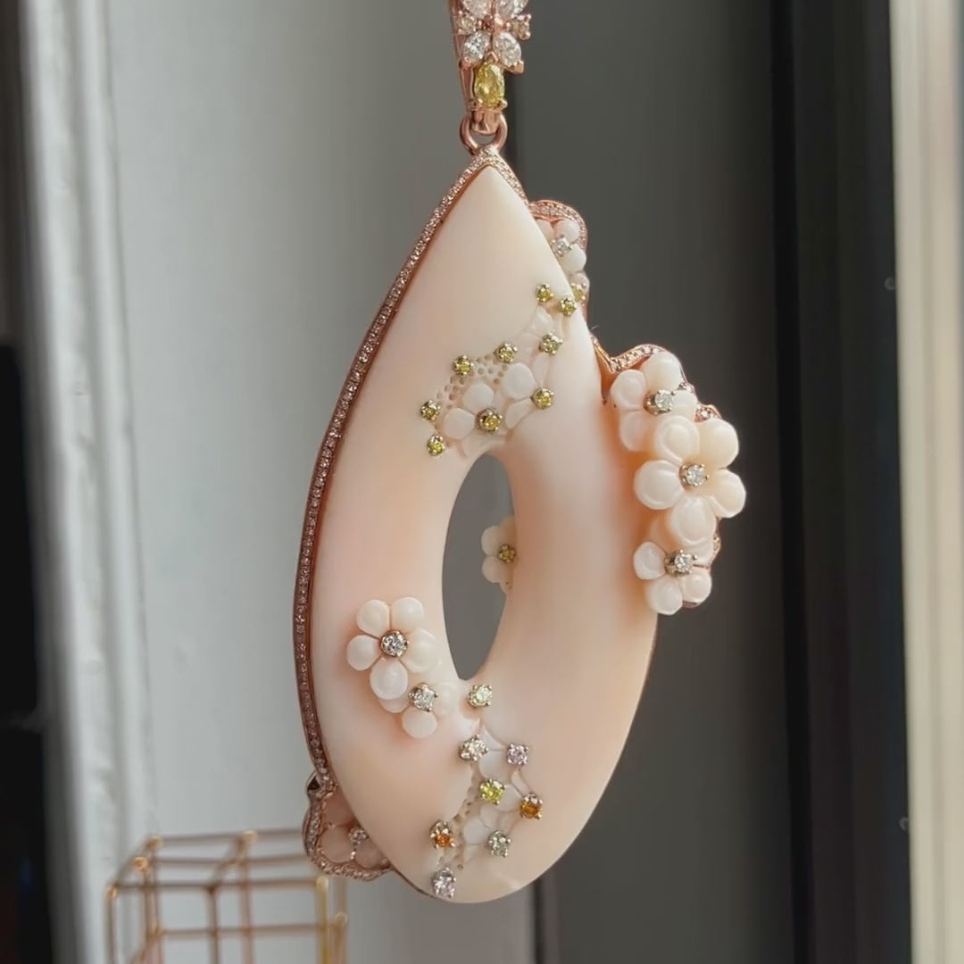 Carved Coral & Diamond Pendant sold by Doyle and Doyle an antique and vintage jewelry boutique