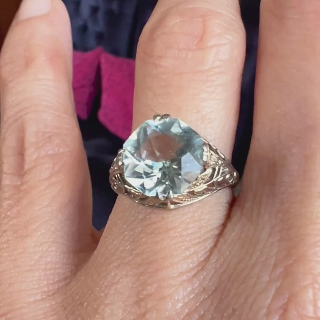 Vintage Filigree Aquamarine Ring sold by Doyle and Doyle an antique and vintage jewelry boutique